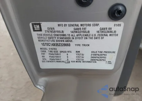 2005 GMC Sierra 1500 from USA, damaged, VIN 1GTEC14X05Z228660